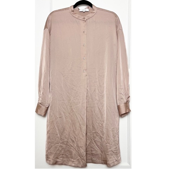 REISS Blush Satin Long Sleeve Band Collar Button Front Oversized Shirt Dress 6 - Picture 4 of 10